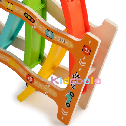 Wooden Glider Track Toy with Cars and Animals.