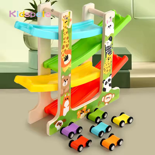 Wooden Glider Track Toy with Cars and Animals.