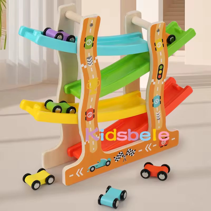 Wooden Glider Track Toy with Cars and Animals.