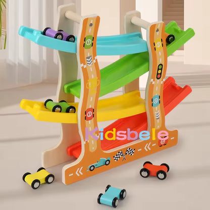 Wooden Glider Track Toy with Cars and Animals.