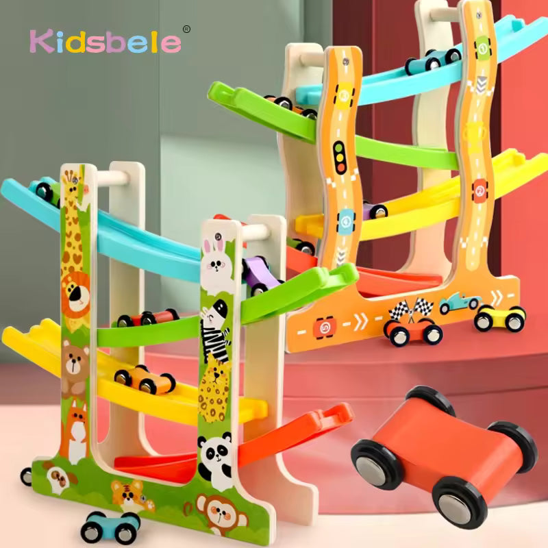 Wooden Glider Track Toy with Cars and Animals.